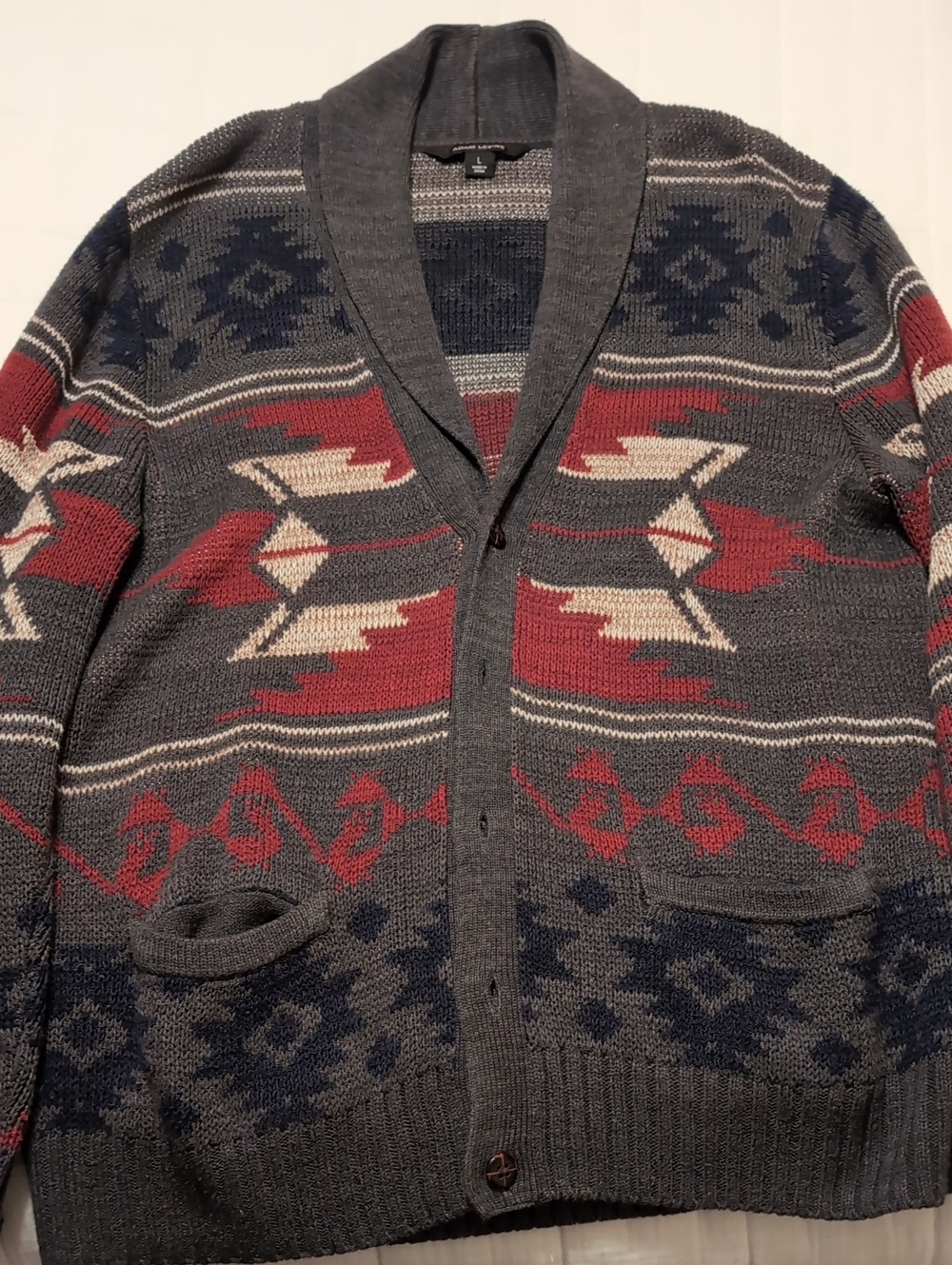 Adam Levine Men's Gray Cardigan Sweater with Red & Navy Aztec Pattern